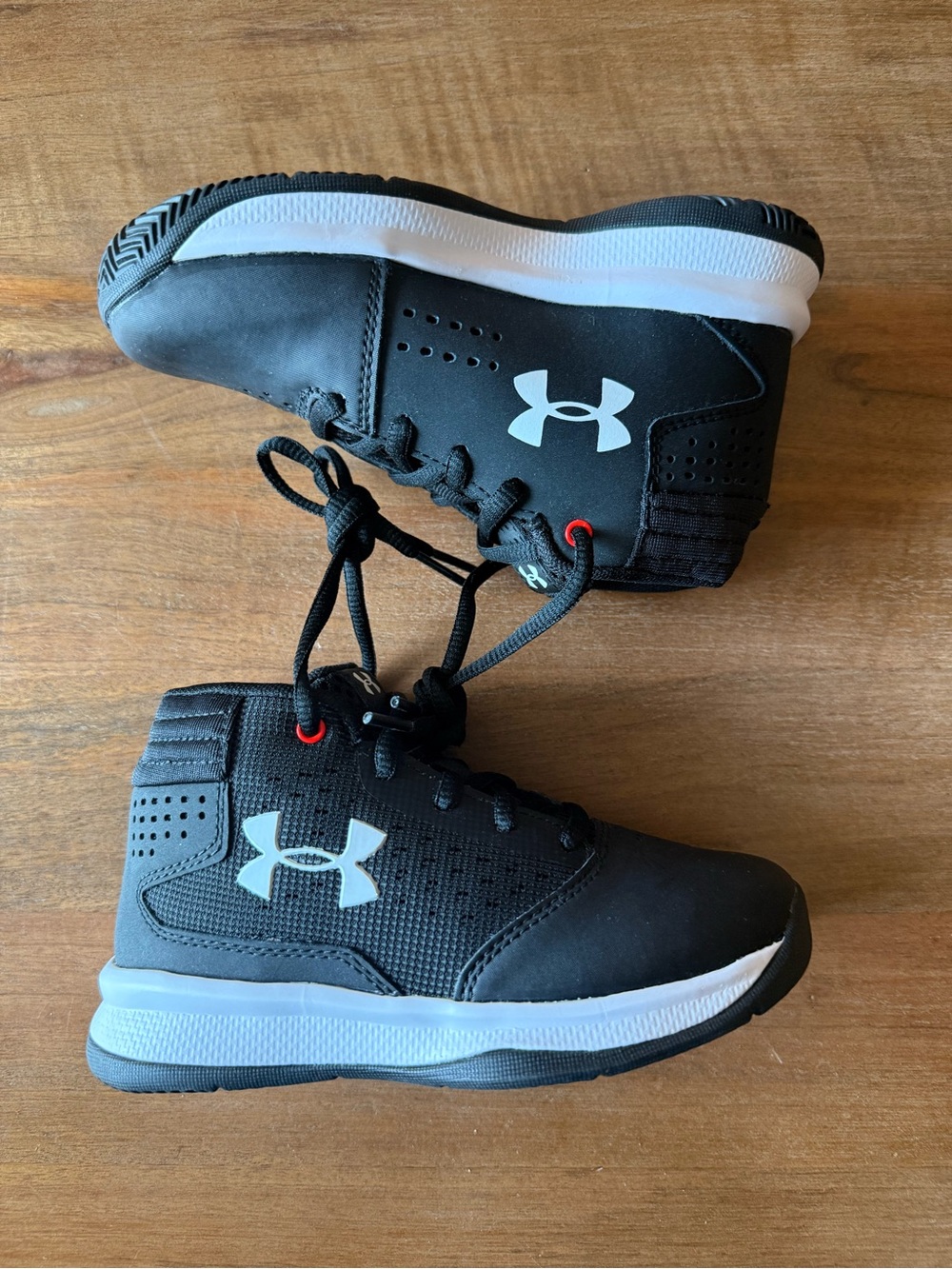 Under Armour Black White Kids Sneakers with Red Accents
